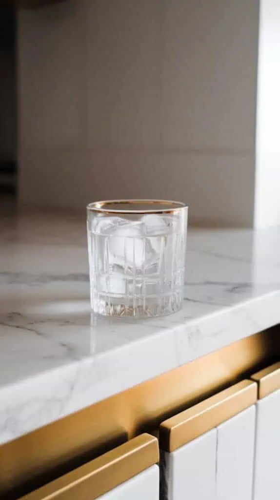 a short empty cocktail glass filled with fresh ice cubes