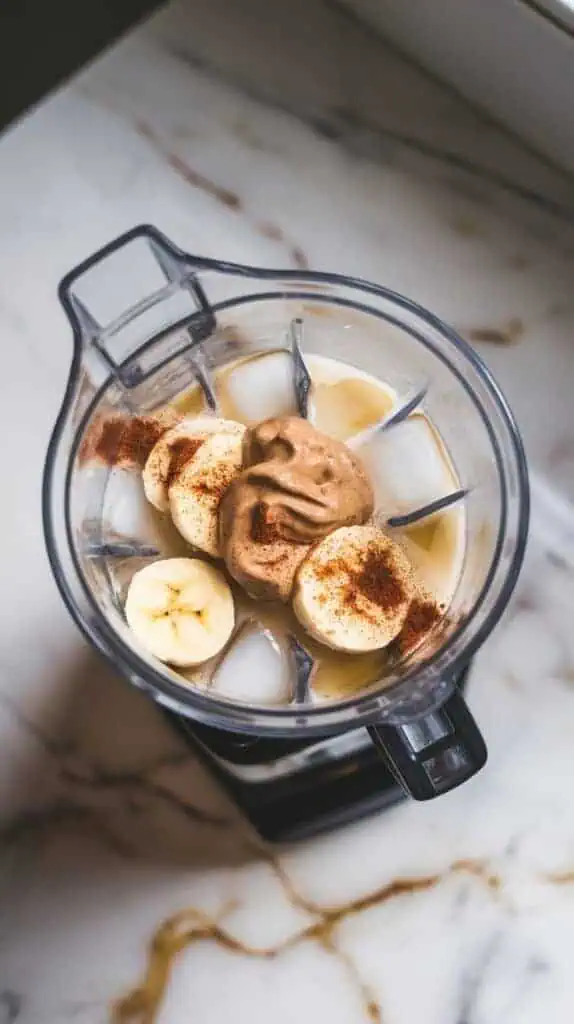 A sleek blender filled with layers of almond milk, frozen banana chunks, a dollop of almond butter, fresh espresso, a drizzle of honey, and cinnamon, with ice cubes scattered on top