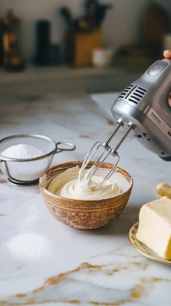 A small mixing bowl with creamy white frosting being mixed with a hand mixer.