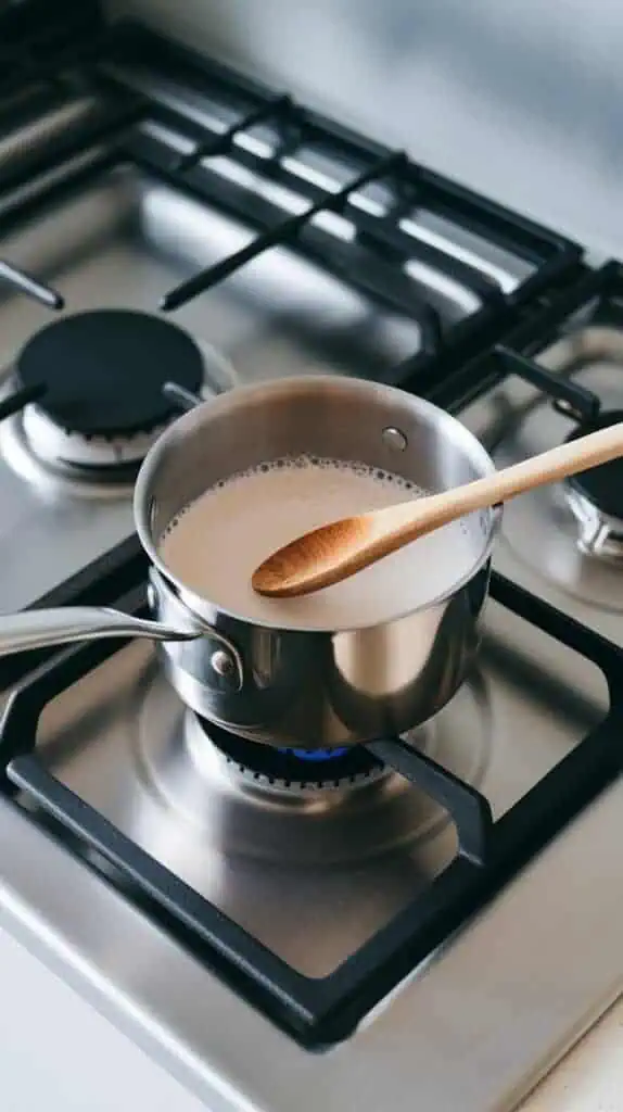 A small saucepan filled with plant-based milk gently heating on a modern stainless steel gas stove