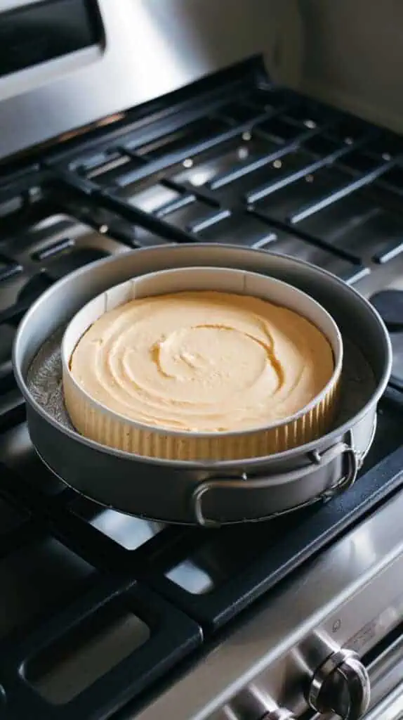 A springform pan filled with cheesecake batter sitting in a water bath inside a roasting pan, ready to go into the oven.