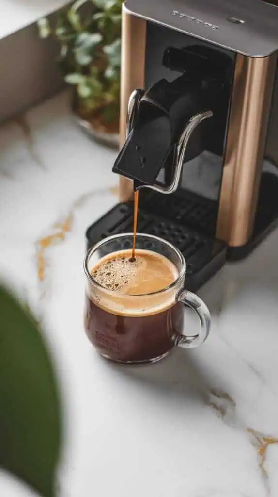 A steaming cup of freshly brewed coffee in a clear glass mug, with coffee dripping from a sleek modern coffee maker beside it