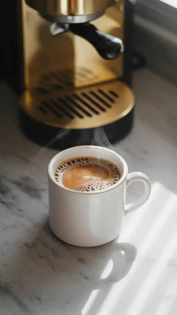 A steaming cup of freshly brewed coffee in a white mug sitting on a marble counter. A coffee maker is visible in the background with hints of gold decor, natural lighting,