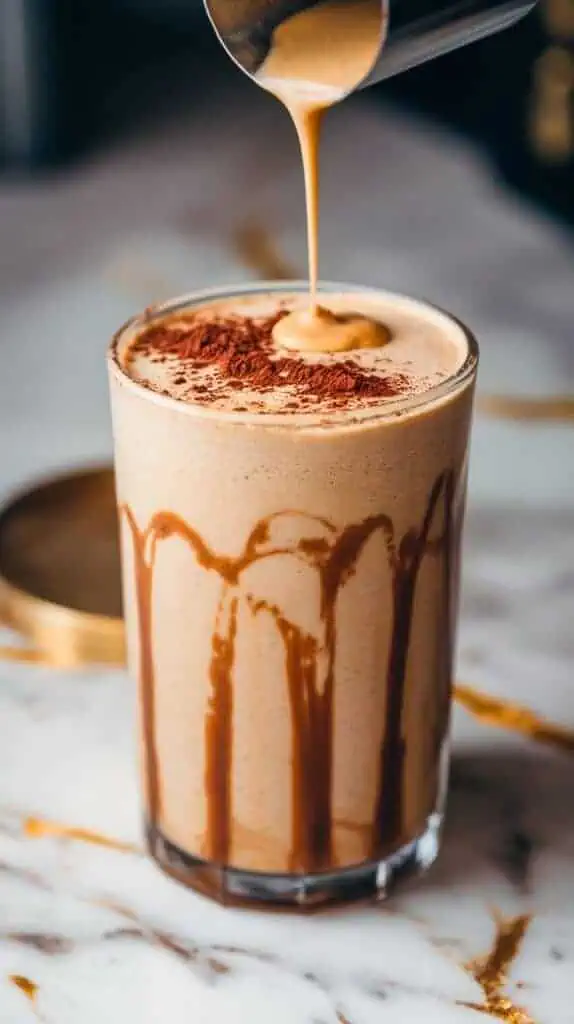 A tall glass being filled with a creamy almond butter espresso shake, with a drizzle of almond butter over the top and a sprinkle of cocoa powder