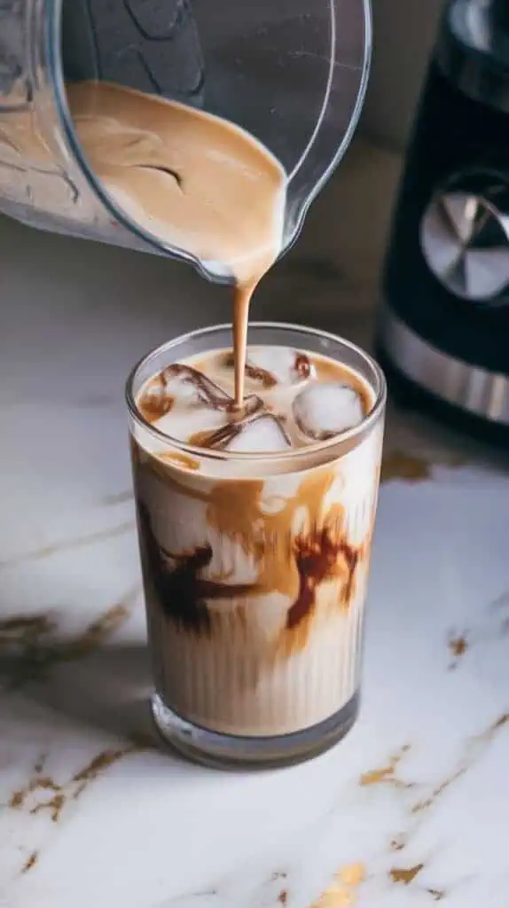 A tall glass filled with ice cubes as a well-blended mixture of coffee, cookies and cream protein powder, milk, and vanilla extract is poured into it
