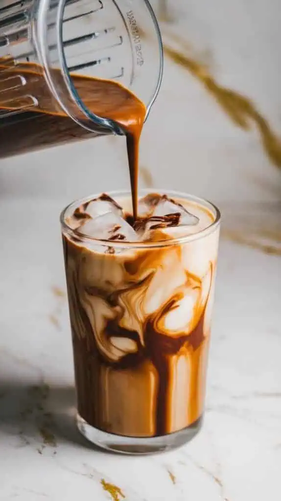 A tall glass filled with ice cubes, with chocolate coffee being poured in from a blender, showing the creamy swirl