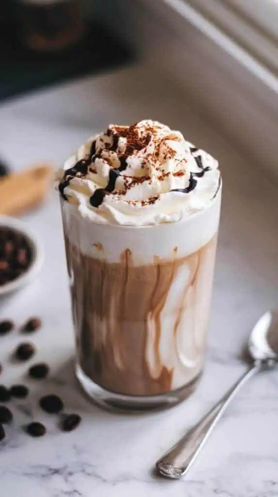 A tall glass of white mocha protein coffee topped with whipped cream, a drizzle of white chocolate, and a sprinkle of cocoa powder.