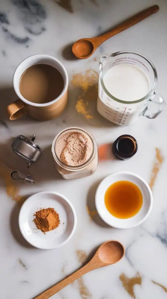 all the ingredients for a vanilla protein latte,