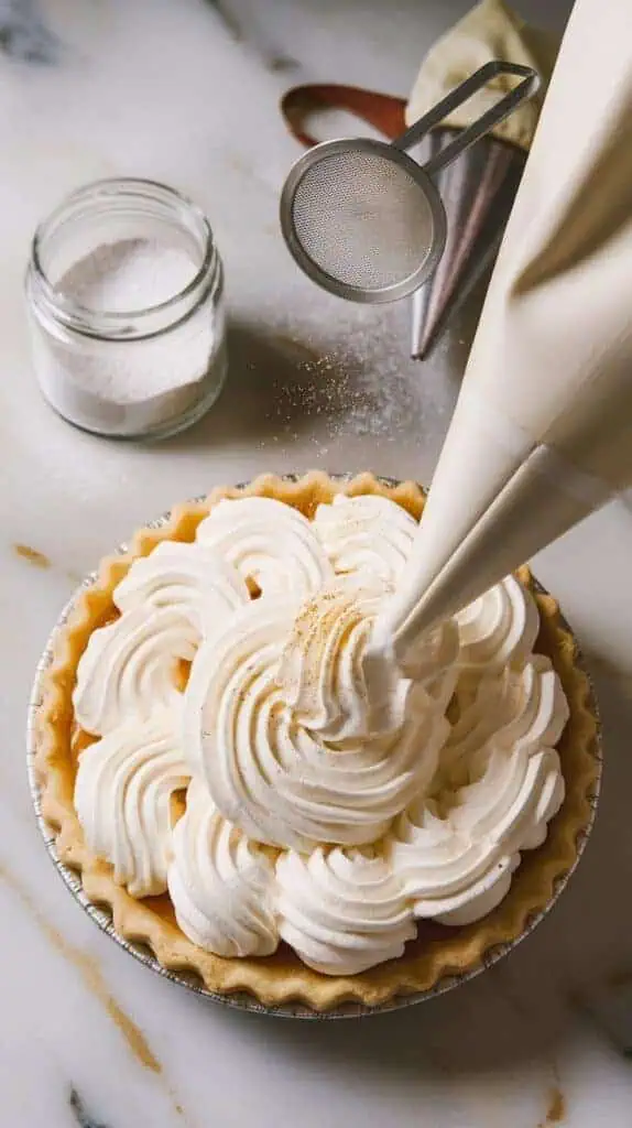 Top-down shot of whipped cream being piped in soft swirls over the pie filling