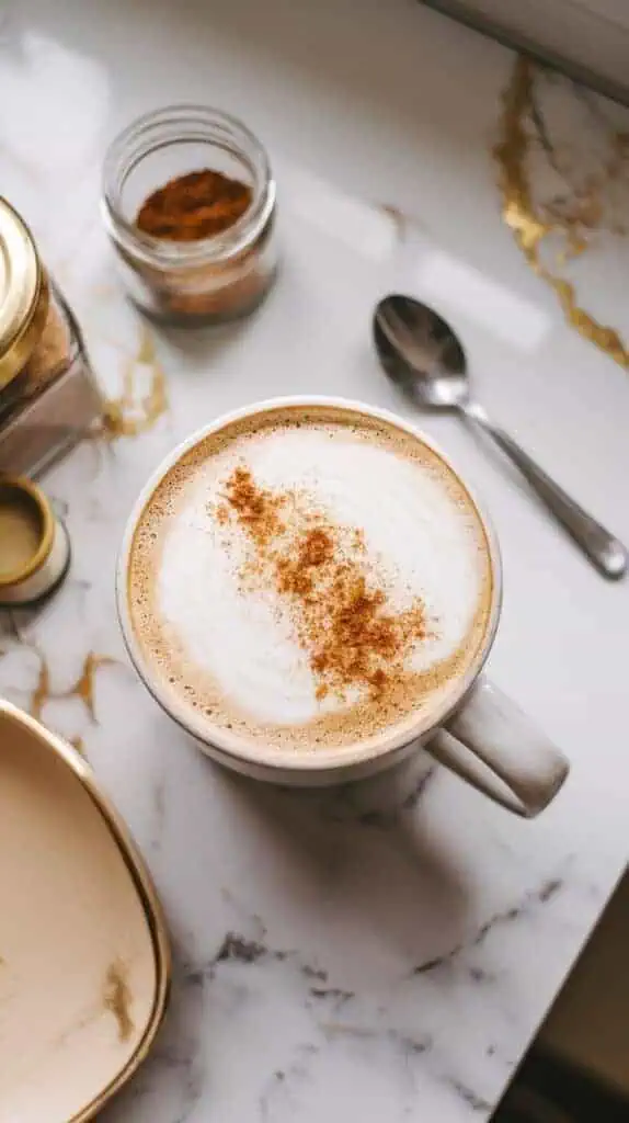 A finished vanilla protein latte in a white ceramic mug with a sprinkle of cinnamon on top