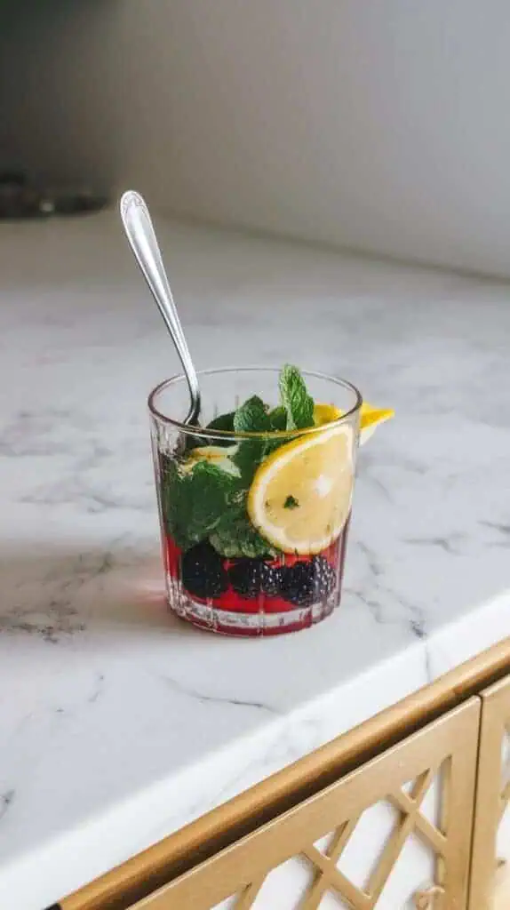 fresh blackberries, mint leaves, and lemon wedges being smashed with a spoon in a clear tall glass