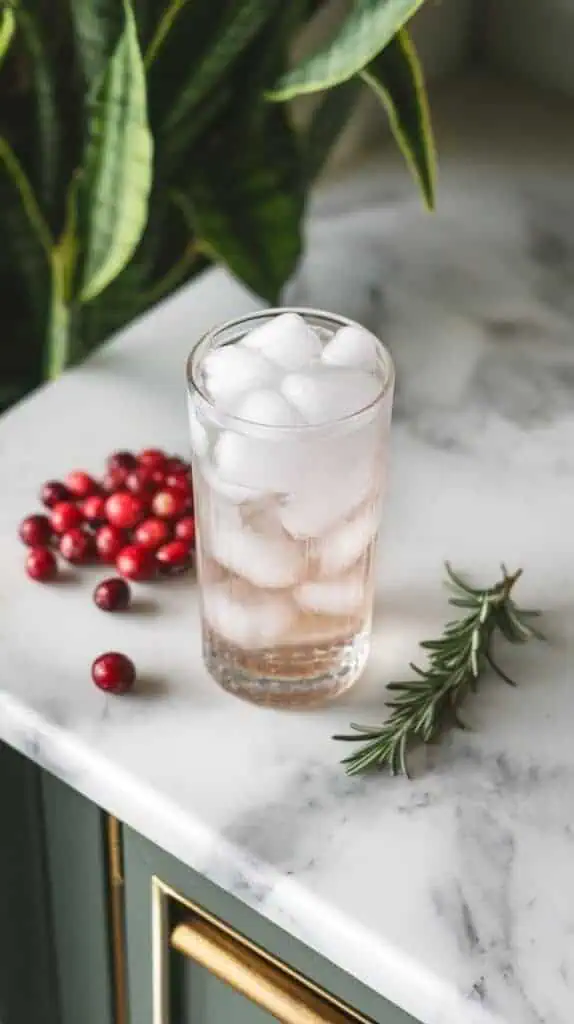 Fill a tall glass with ice cubes.