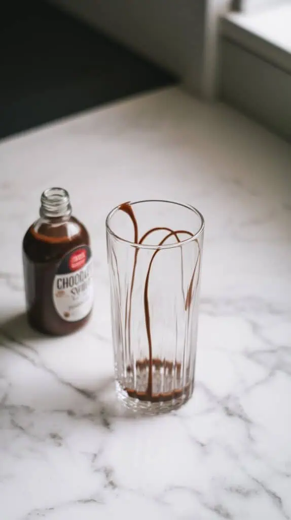 an empty tall glass with a delicate swirl of chocolate syrup lining the inside