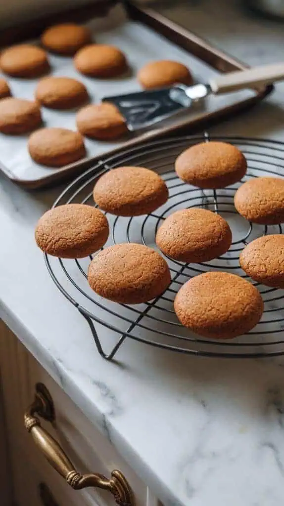 Baked gingerbread cookies cooling on a wire rack, all perfectly round and golden brown