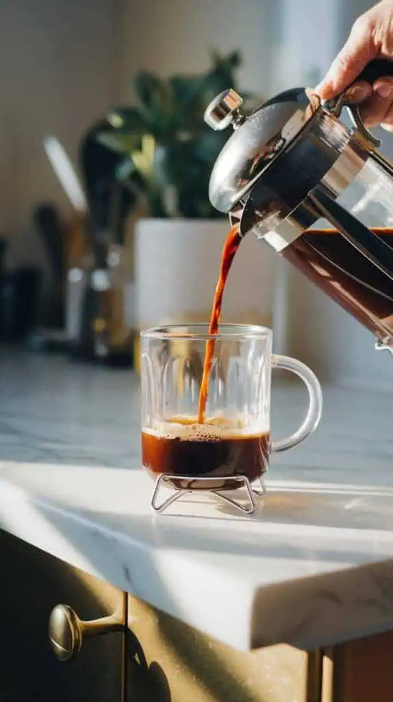  freshly brewed coffee being poured into a clear glass mug from a French pres