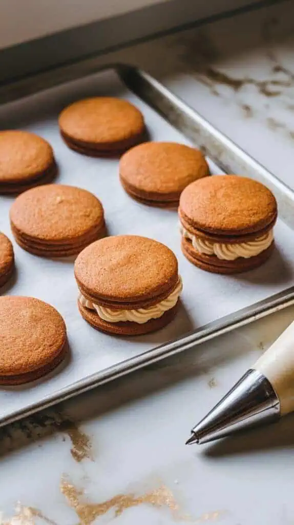 Gingerbread cookies on the baking tray being assembled into sandwiches with frosting