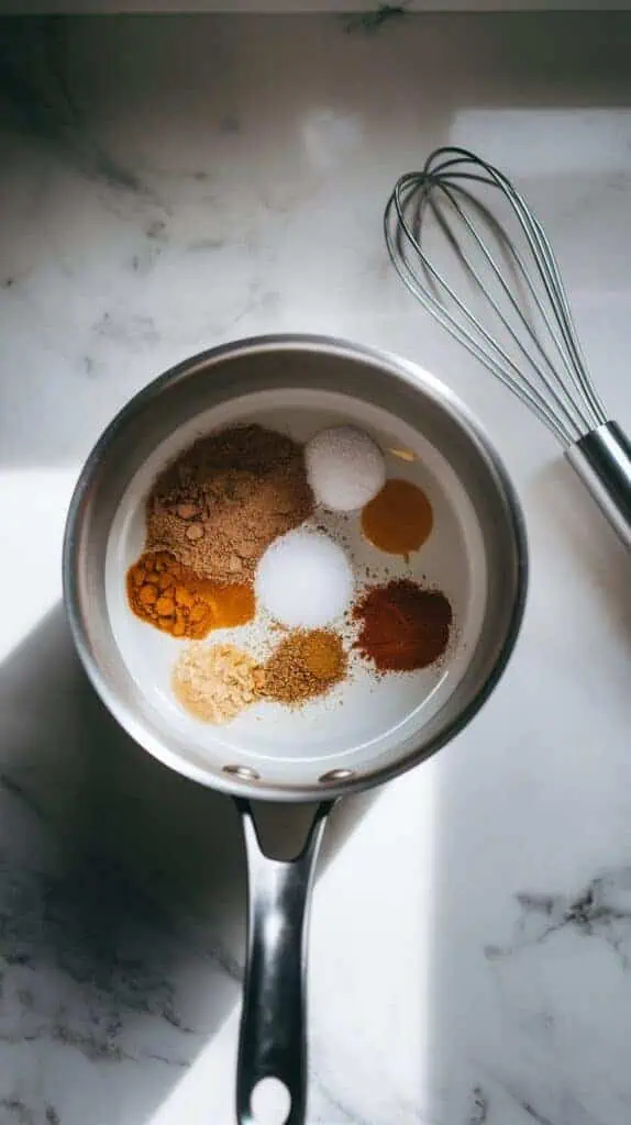  a small saucepan on a white marble countertop with all the ingredients