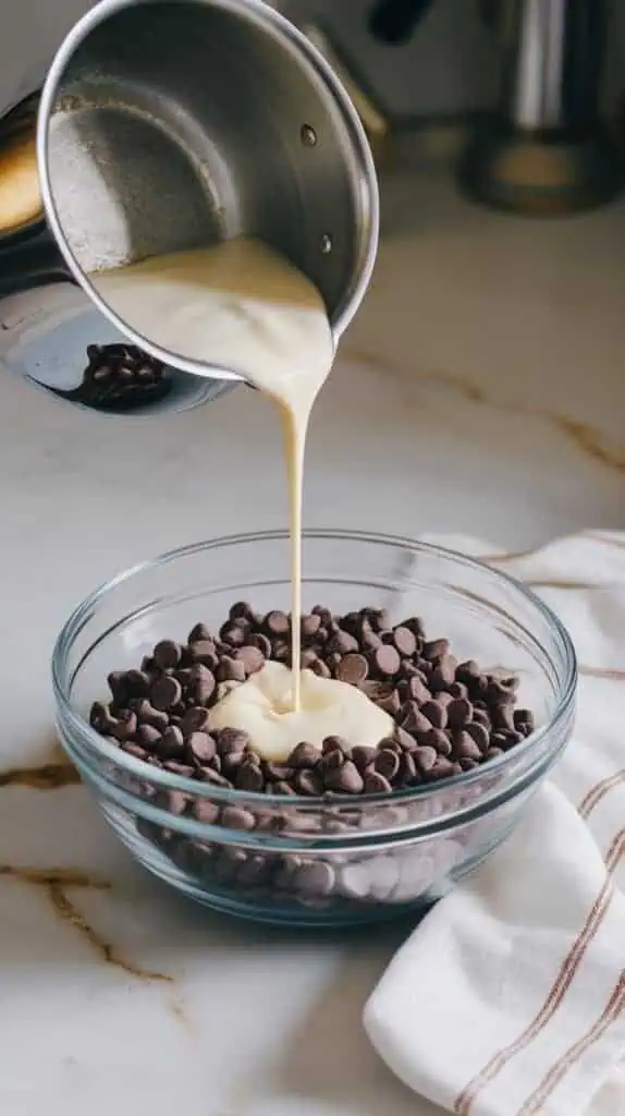 A small saucepan of simmering heavy cream being poured over a bowl of chocolate chips