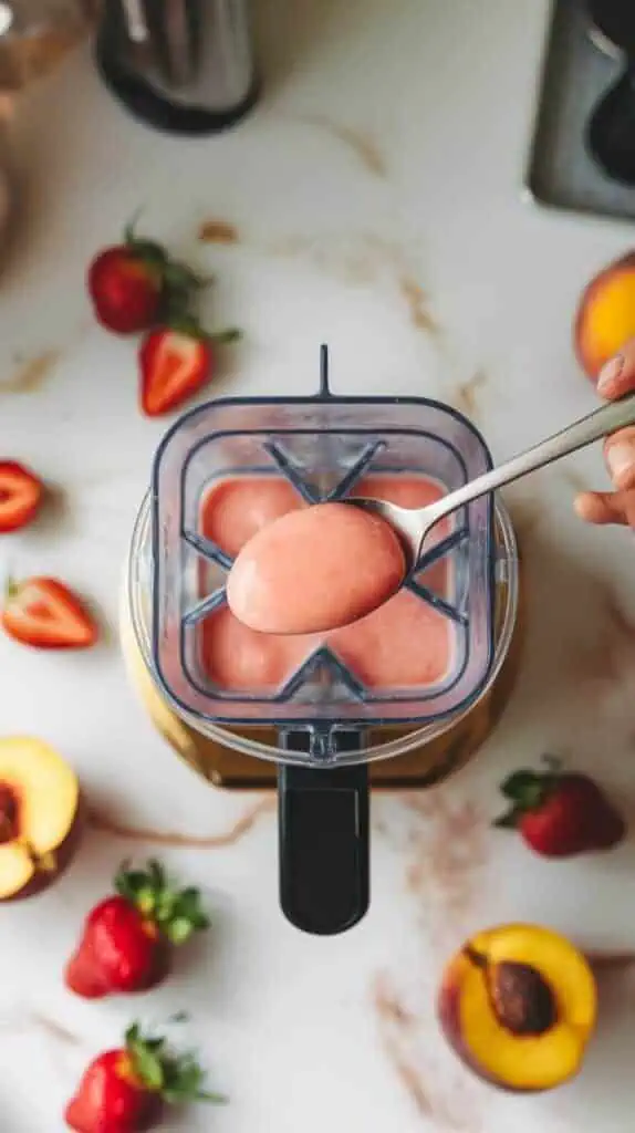 a spoon scooping the Strawberry Peach daiquiri from the blender for a taste test