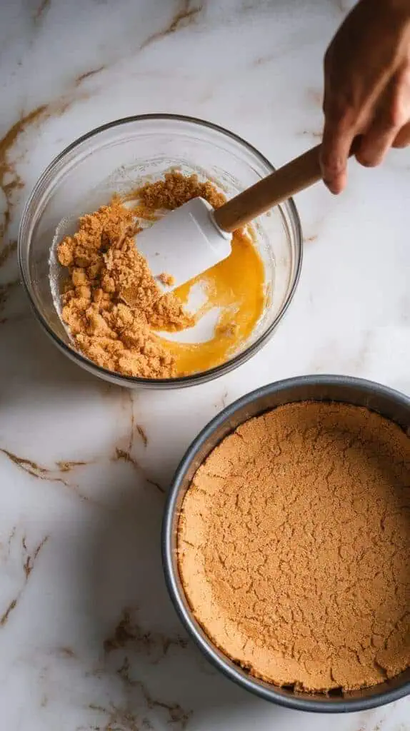 A mixing bowl with graham cracker crumbs, melted butter, and sugar being stirred with a spatula