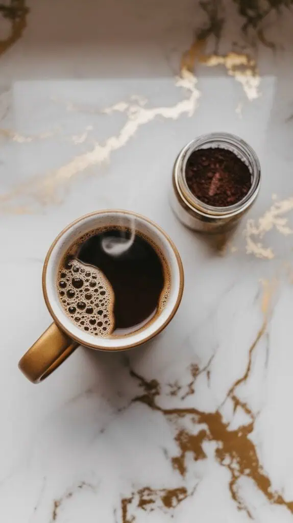 A steaming mug of freshly brewed coffee sitting on white marble counters with hints of gold, next to a small jar of coffee grounds