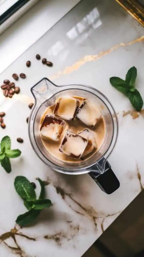 A blender with creamy iced coffee mixture , with scattered coffee beans and mint leaves around the blender base on white marble counters with hints of gold