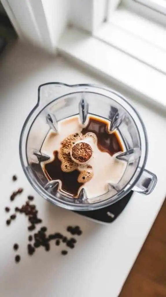 A blender filled with chilled coffee, almond milk, vanilla protein powder, maple syrup, and vanilla extract, blending to a creamy texture.
