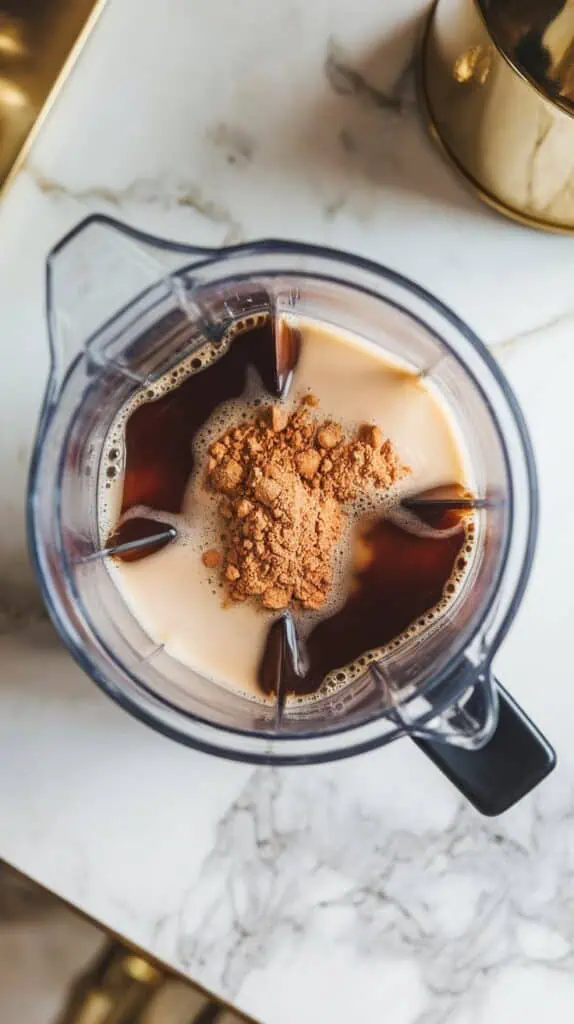 A blender filled with hot coffee, hazelnut milk, protein powder, hazelnut syrup, and vanilla extract being blended into a creamy, frothy latte