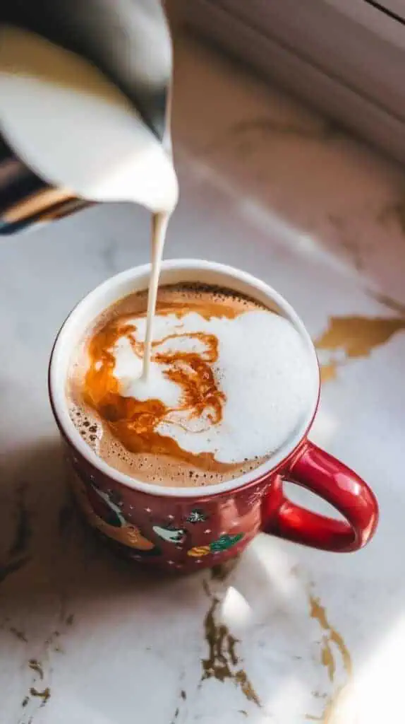 A festive mug with coffee, Baileys, and gingerbread syrup being stirred together