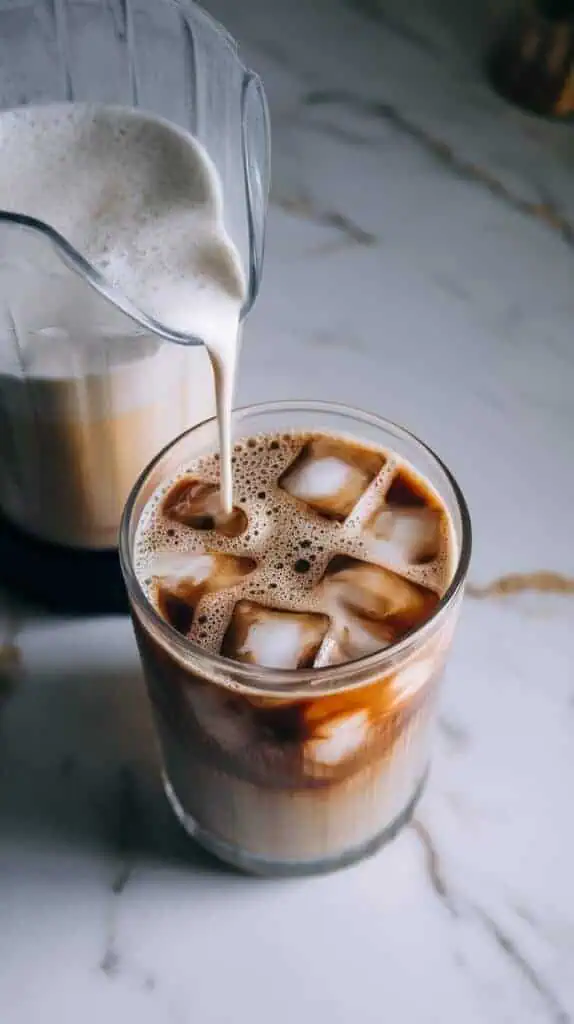 A glass filled with ice cubes and freshly poured iced coffee, being topped with frothy coconut milk from a blender cup