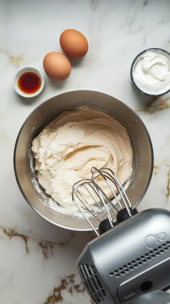 A mixing bowl with cream cheese and sugar being mixed with a hand mixer.