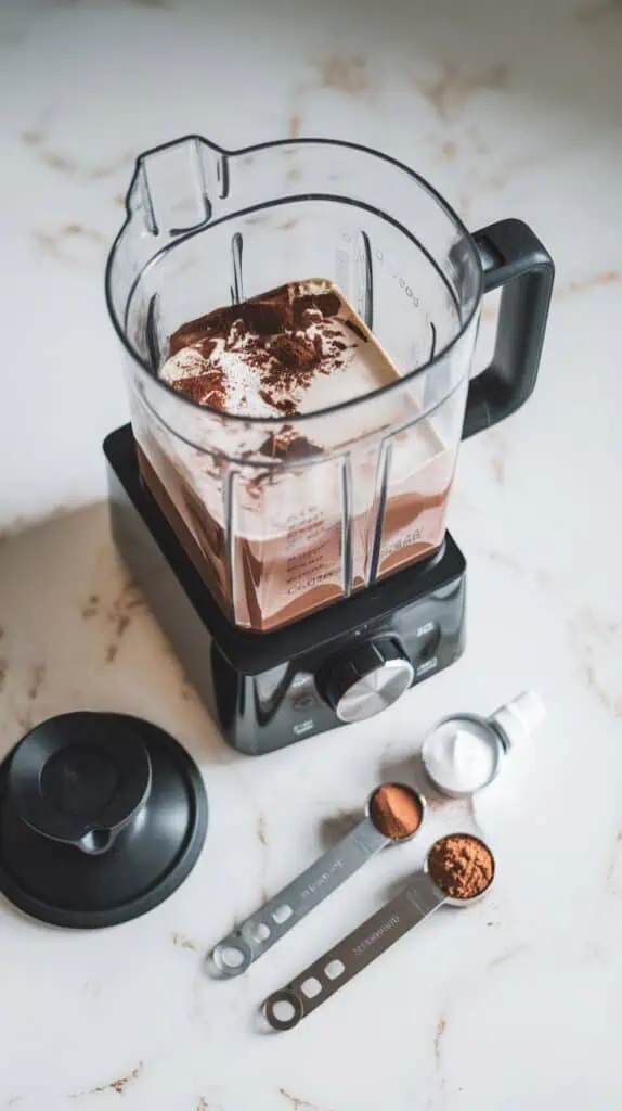 A sleek blender filled with a mixture of cold brew coffee, almond milk, chocolate protein powder, cocoa powder, and a dropper bottle of peppermint extract nearby