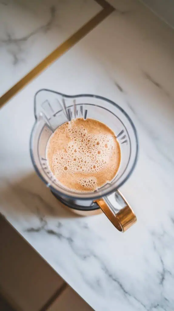 A small blender cup filled with almond milk, protein powder, and vanilla extract being blended until frothy