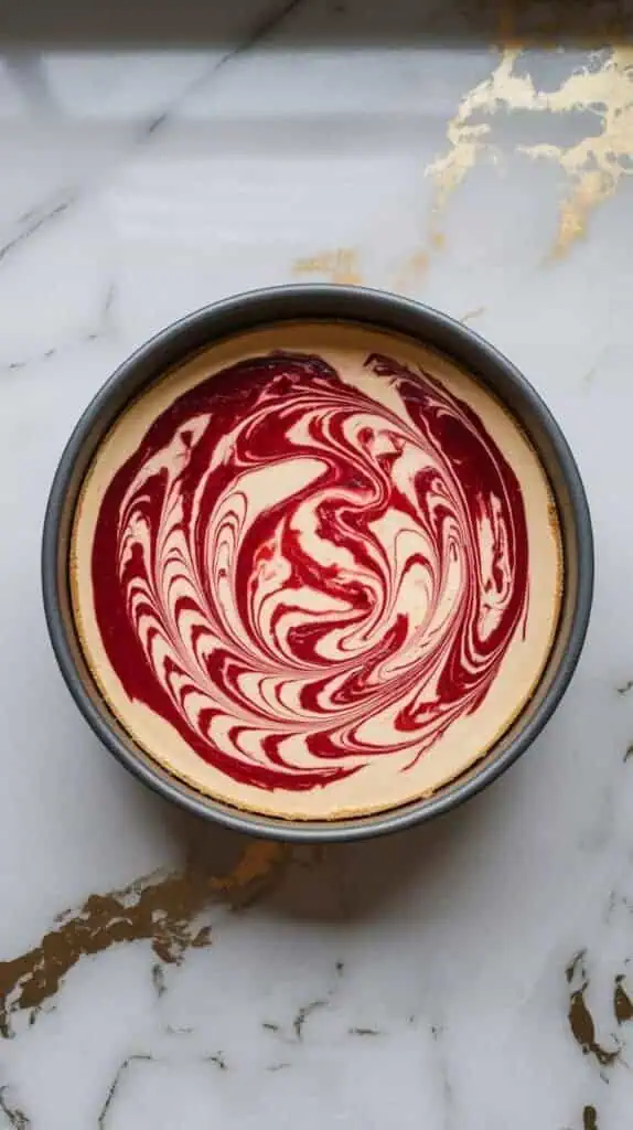A springform pan filled with creamy cheesecake batter, dotted with swirled vibrant raspberry sauce