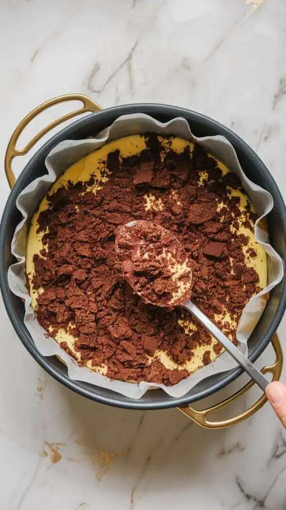 Combine chocolate cookie crumbs and melted butter in a bowl.