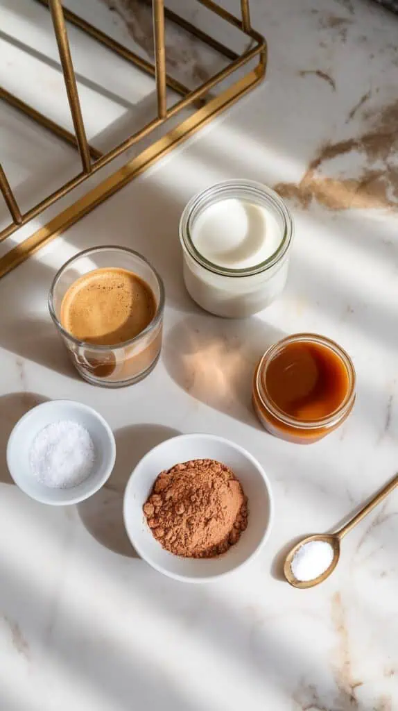 Top-down view of all the ingredients needed for Salted Caramel Protein Coffee: freshly brewed coffee in a glass, salted caramel protein powder in a small dish, milk in a small jar, caramel sauce in an unlabeled glass jar, sea salt in a tiny bowl, and ice cubes in a small dish. Set on white marble counters with hints of gold, natural lighting, taken with an iPhone 15 Pro, top-down shot.