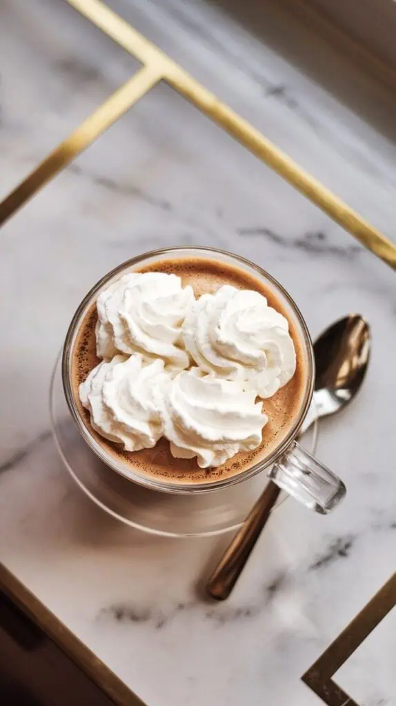 whipped cream being piped onto the top of the Baileys Irish Coffee in a clear cup with handle