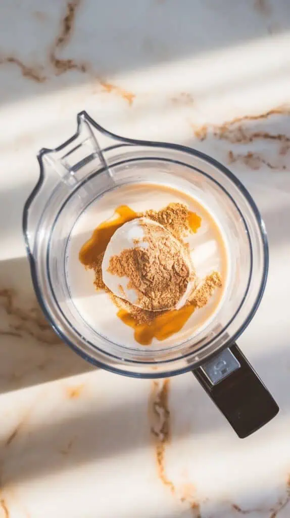 A blender cup filled with unsweetened coconut milk, a scoop of vanilla protein powder, and a small drizzle of maple syrup, captured mid-blend as frothy liquid forms at the surface
