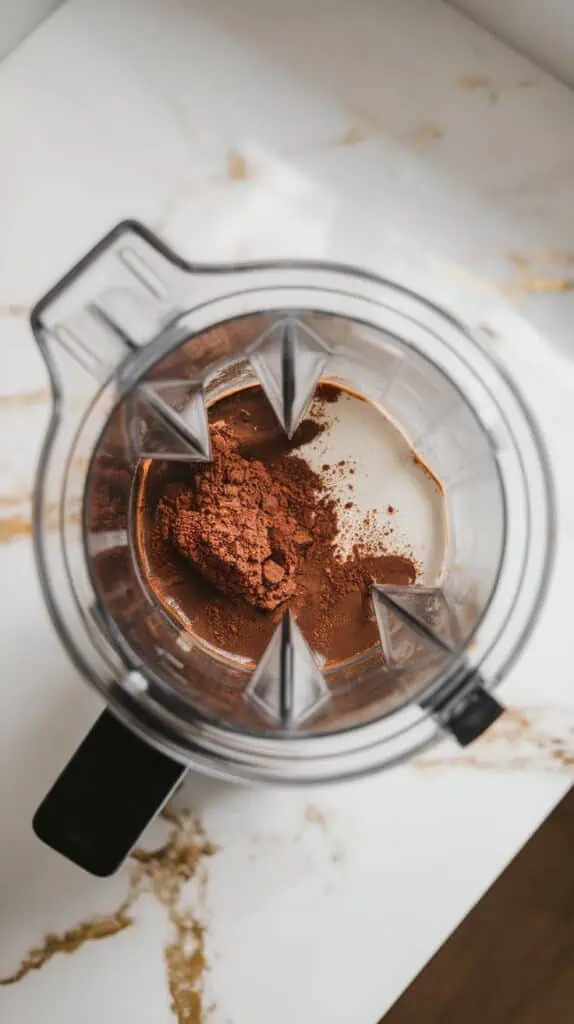 A blender with cold brew coffee, chocolate protein powder, almond milk, and cocoa powder being blended into a smooth, chocolatey mixture