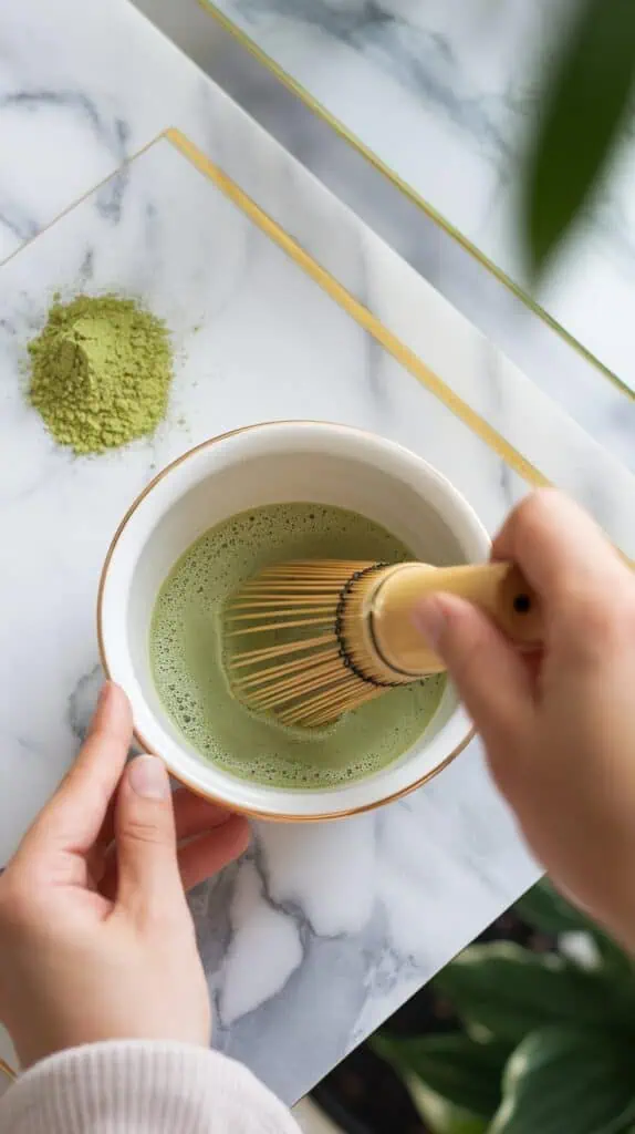 A small bowl of matcha powder being whisked into a smooth green liquid with a bamboo whisk, 