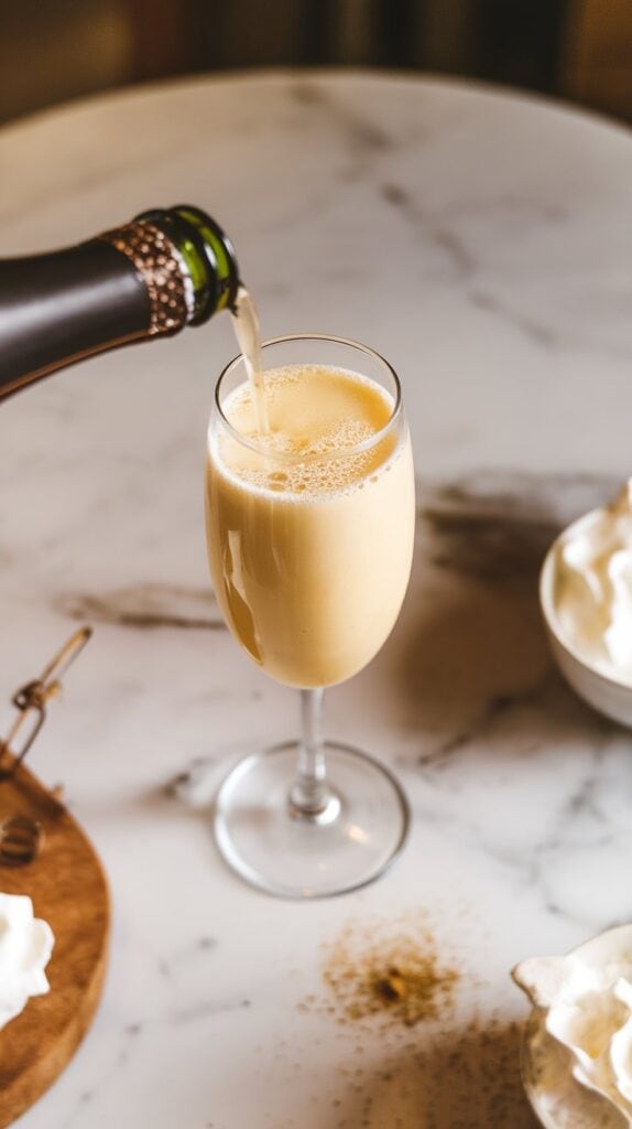 Slowly pour 1/4 to 1/2 cup of champagne into the flute.