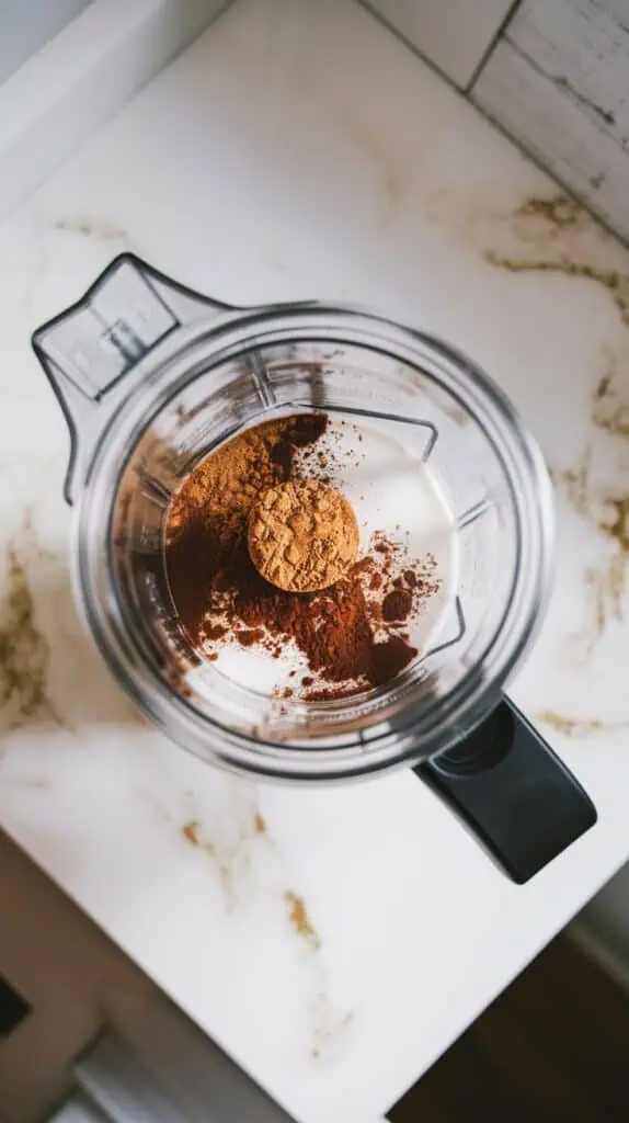 A clear blender jar filled with coffee, protein powder, coconut milk, and cocoa powder, blending into a creamy drink