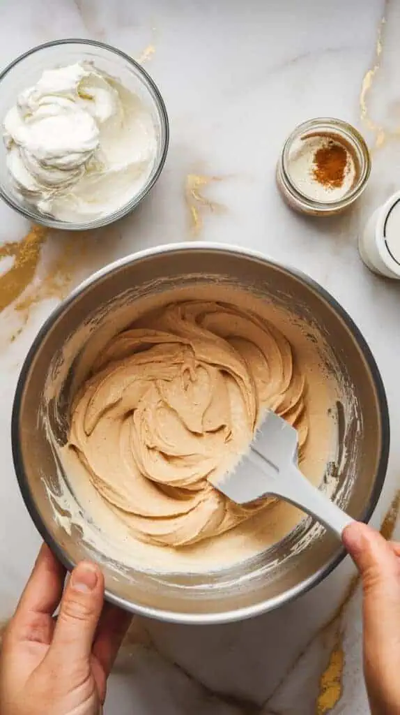 Top-down shot of a creamy eggnog filling being folded with a rubber spatula in a large mixing bowl