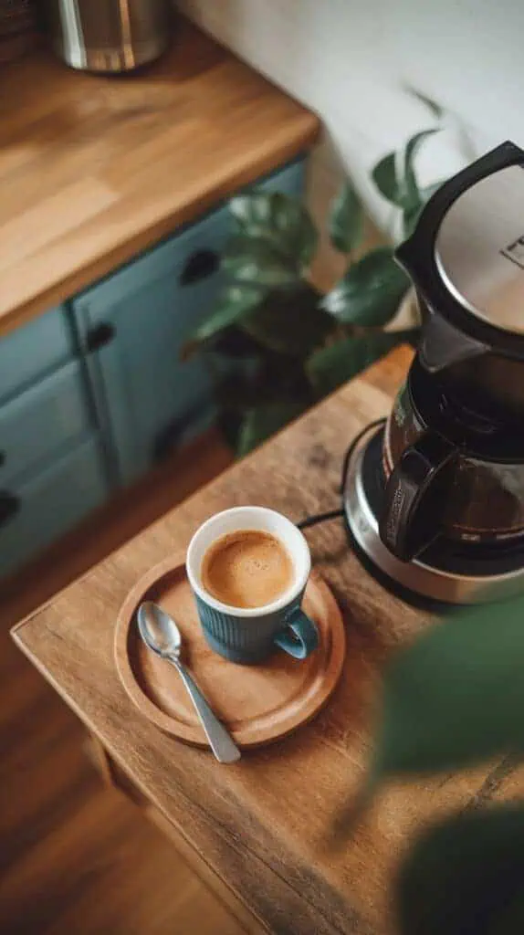 A steaming cup of freshly brewed coffee sitting next to a coffee maker