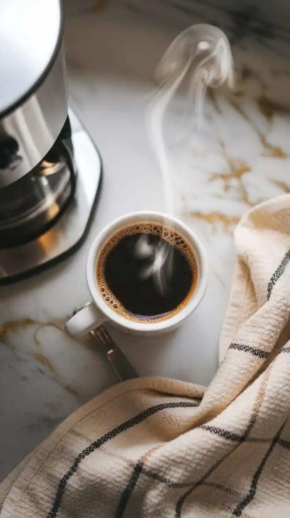  a freshly brewed cup of strong coffee sitting next to a coffee maker,