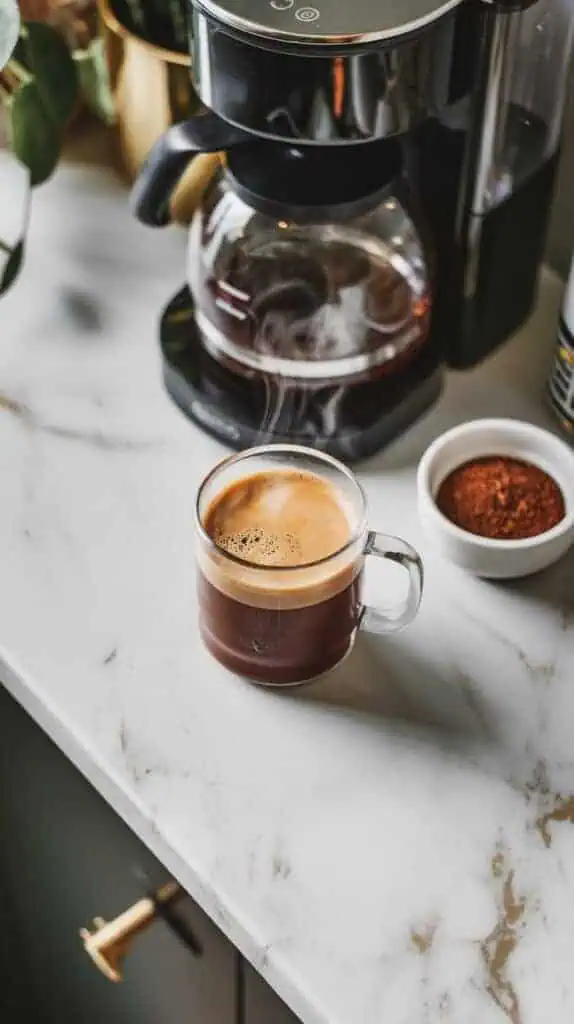 A freshly brewed cup of coffee steaming in a clear mug