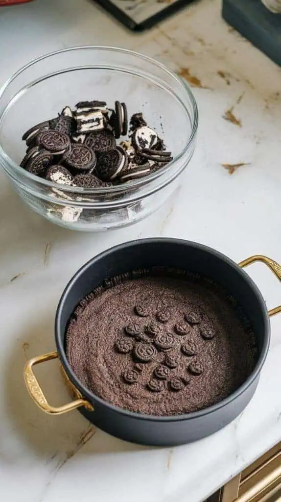 Close-up of crushed Oreo crumbs mixed with melted butter in a glass bowl, next to a springform pan with the smooth crust pressed evenly inside.