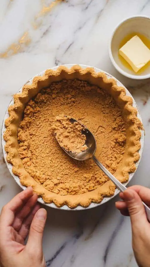 Top-down shot of a graham cracker crust being pressed into a pie dish with a spoon