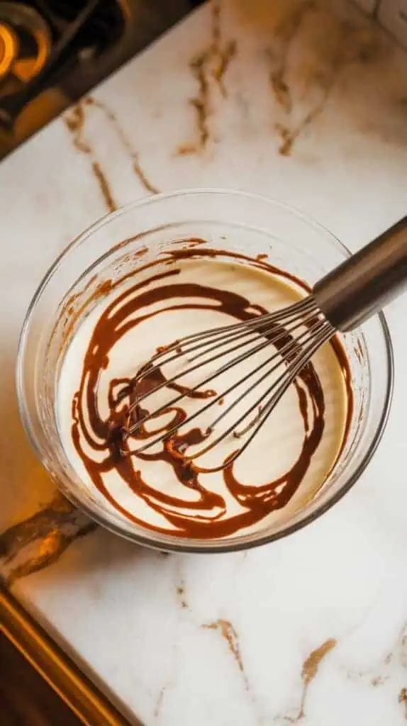 A large glass bowl with Baileys, milk, cream, chocolate syrup, and vanilla extract being whisked together