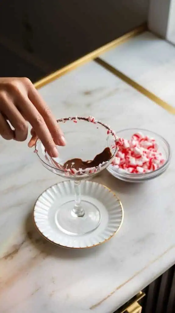 A martini glass being rimmed with chocolate syrup on a small white plate, with crushed candy canes in another small bowl nearby.